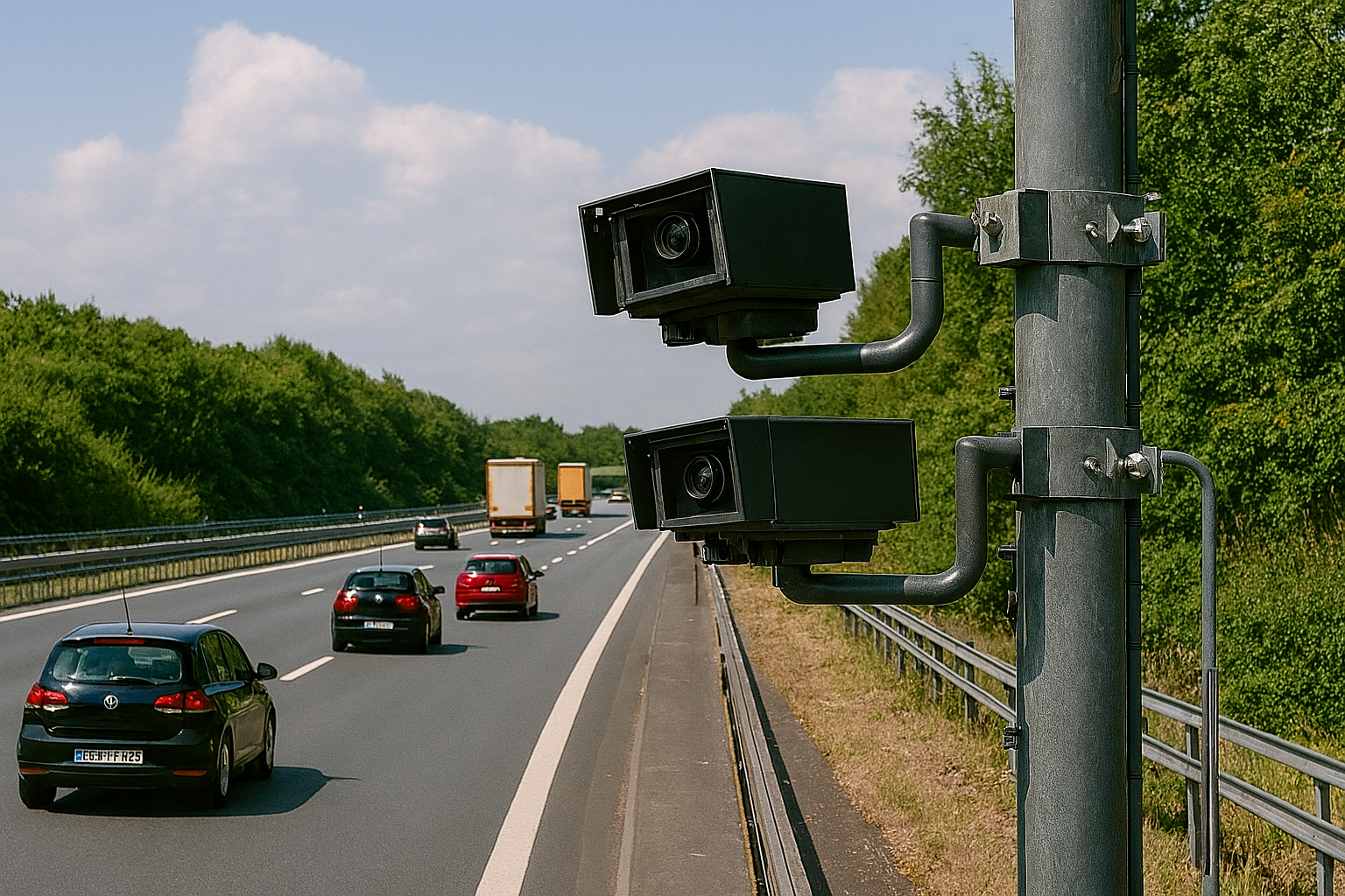 Verkehrszählung 2025: Kameras erfassen anonym das Verkehrsaufkommen auf deutschen Autobahnen – hier an der A115 bei Berlin, mit korrekt fahrendem Verkehr. (KI-Bild)