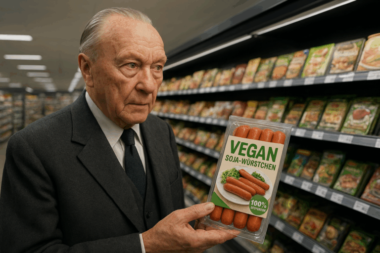 Konrad Adenauer – in klassischem Anzug – steht in einem modernen Supermarkt, die Packung veganer Soja-Würstchen fest in der Hand. Sein Blick schweift über die Regale voller pflanzlicher Produkte, als würde er denken: „Wer hätte das vor 110 Jahren gedacht.“ (KI-Bildf)