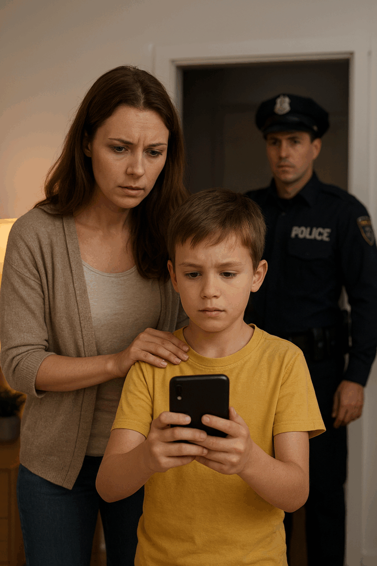 Eltern senden harmlose Fotos ihrer Kinder über einen Messenger-Dienst und plötzlich steht die Polizei vor der Tür Ein klassischer Fehlalarm, ausgelöst durch automatisiertes Scanning bei der Chat-Kontrolle. (KI-Bild)