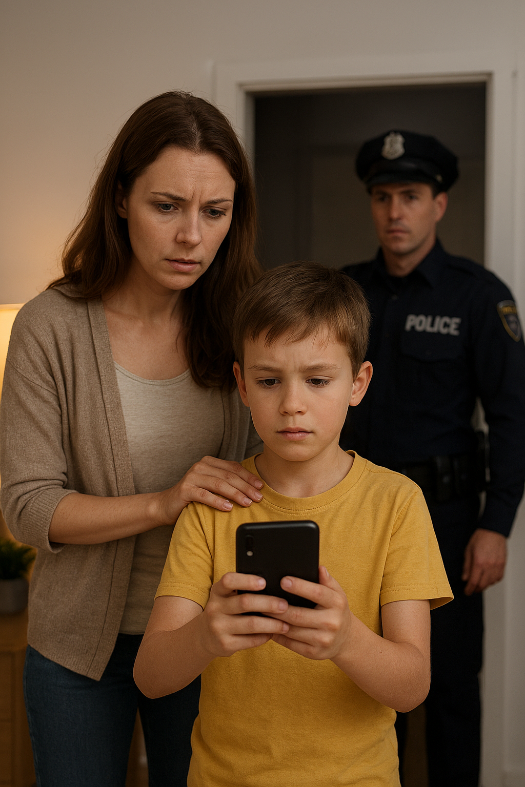 Eltern senden harmlose Fotos ihrer Kinder über einen Messenger-Dienst und plötzlich steht die Polizei vor der Tür Ein klassischer Fehlalarm, ausgelöst durch automatisiertes Scanning bei der Chat-Kontrolle. (KI-Bild)