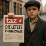 Ein Zeitungsjungen in Berlin, der die letzte gedruckte Ausgabe der taz zum Verkauf anbietet. (KI-Bild)