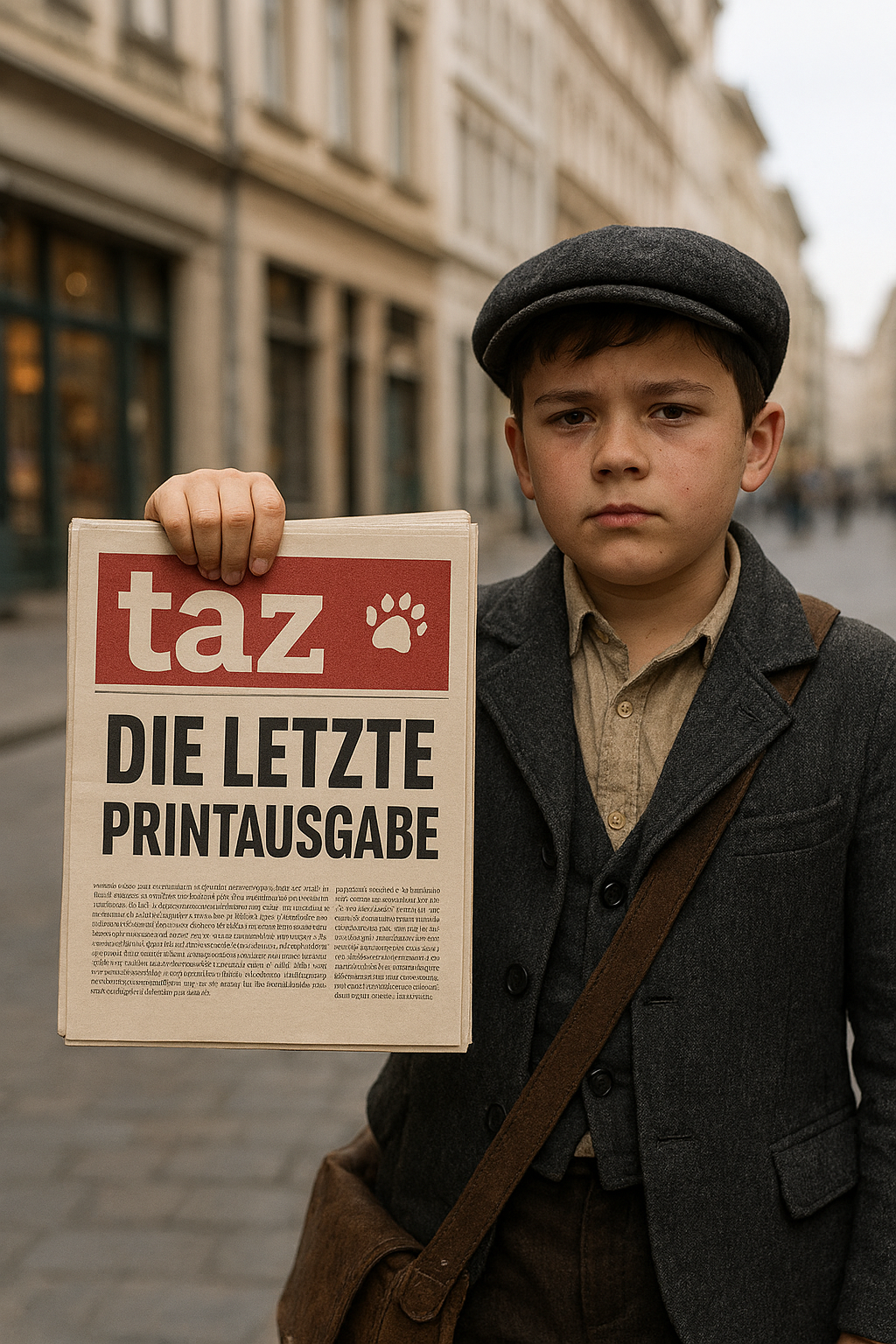 Ein Zeitungsjungen in Berlin, der die letzte gedruckte Ausgabe der taz zum Verkauf anbietet. (KI-Bild)