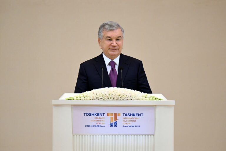 Shavkat Mirziyoyev, Präsident der Republik Usbekistan. Eröffnungsrede auf dem TIIF-2026 Forum in Taschkent (Foto: Botschaft der Republik Usbekistan in der Bundesrepublik Deutschland)