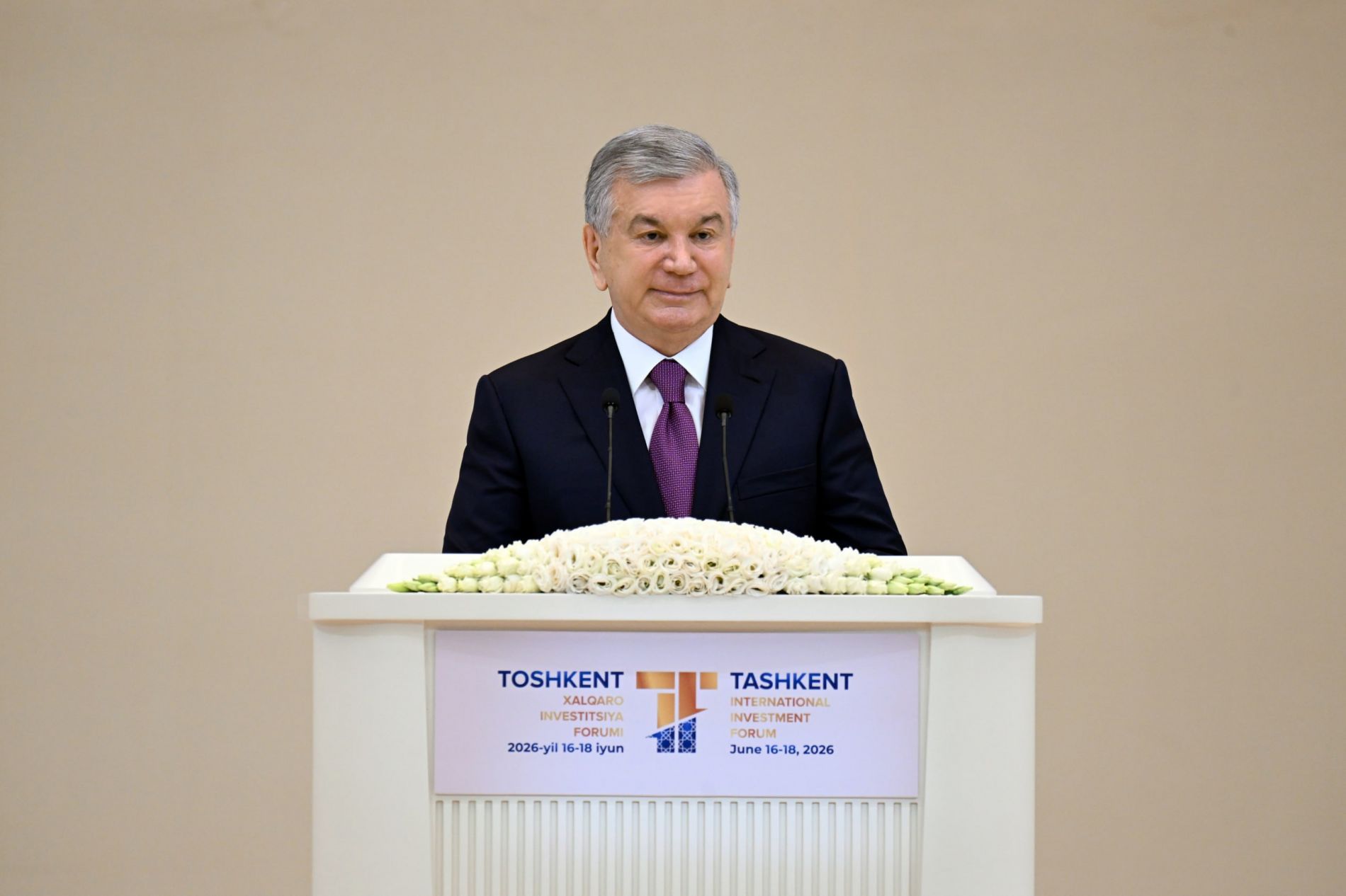 Shavkat Mirziyoyev, Präsident der Republik Usbekistan. Eröffnungsrede auf dem TIIF-2026 Forum in Taschkent (Foto: Botschaft der Republik Usbekistan in der Bundesrepublik Deutschland)