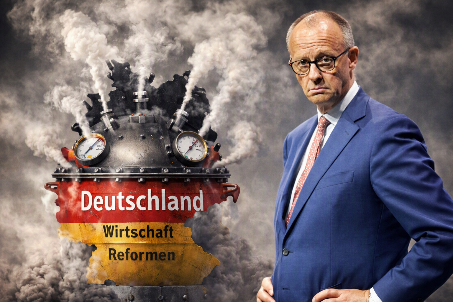 Hohe Erwartungen an Merz - Ordentlich Druck im Kessel (KI-Bild / Foto Merz: C. Grosse)