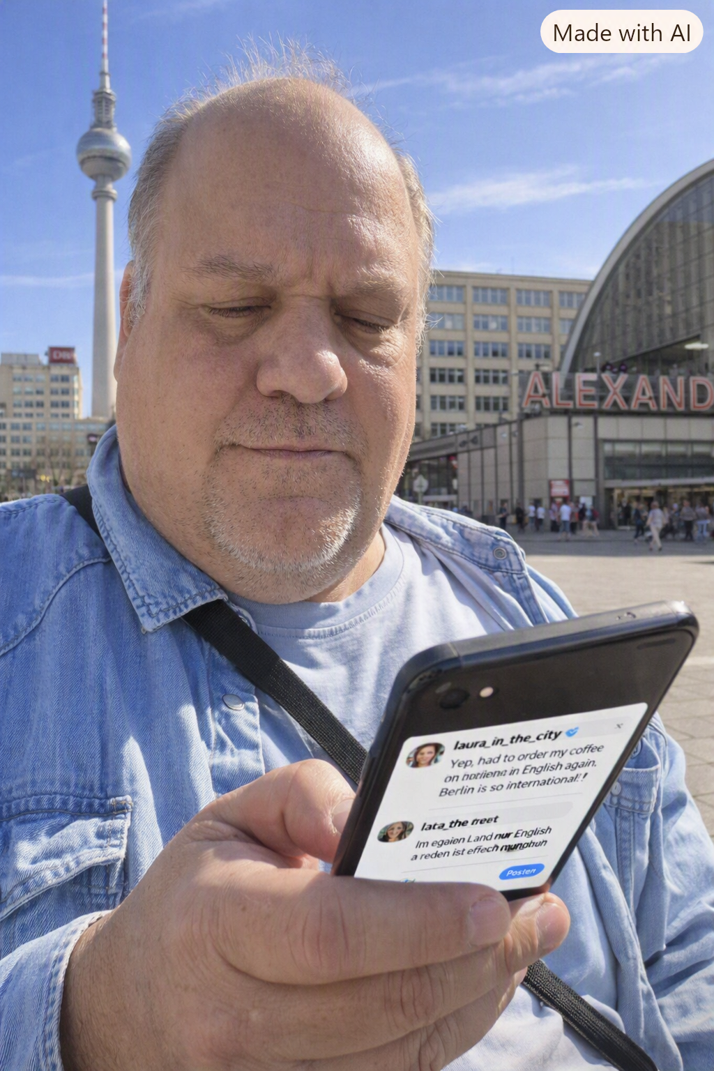 Newsmark-Chefredakteur kommentiert einen Insta-Post am Alex in Berlin (KI-Bild)