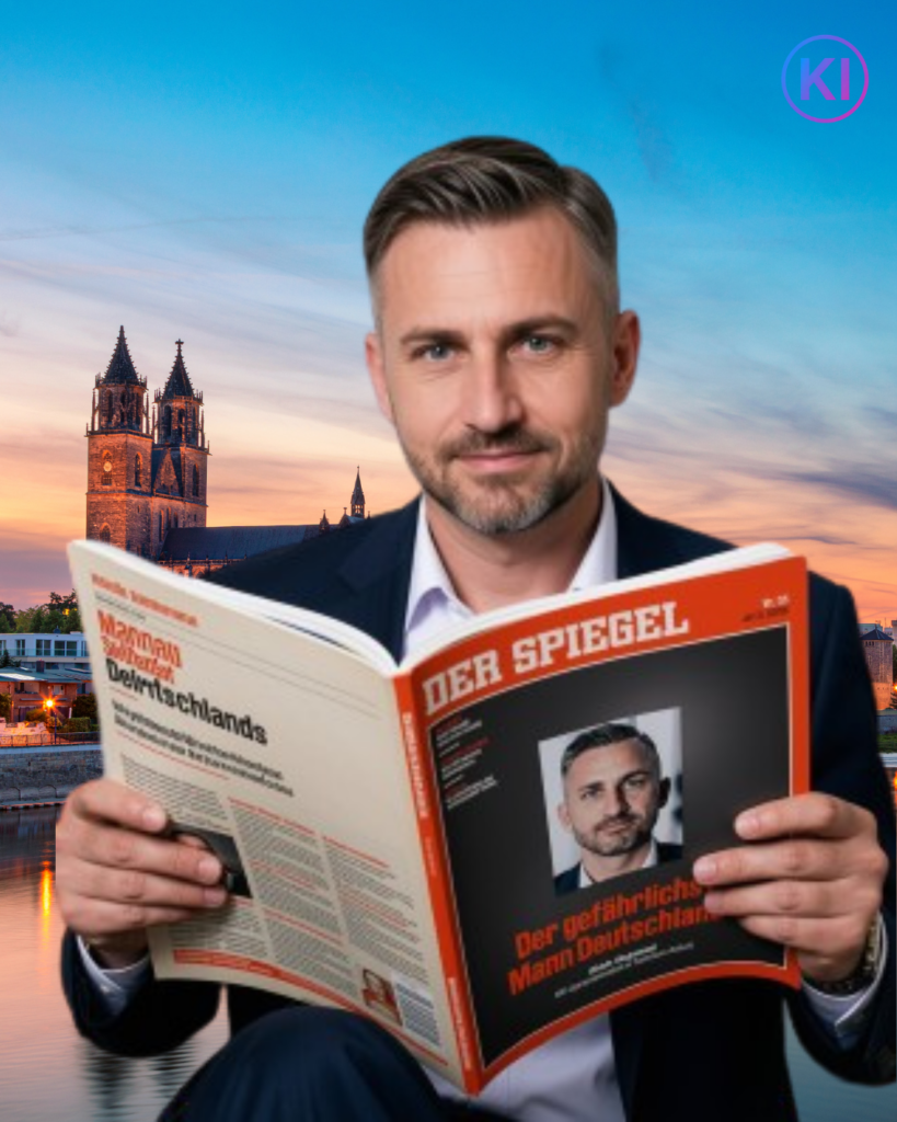 AfD-Mann Ulrich Siegmund mit dem Spiegel 34/26 (Foto: KI-Kreation mit Pressebild AfD) 