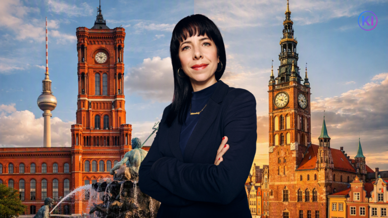 Elif Eralp und die Roten Rathäuser (Foto: Eralp von Maximilian Koenig / Hintergrund KI)