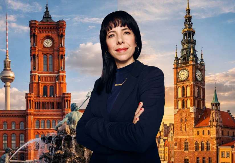 Elif Eralp und die Roten Rathäuser (Foto: Eralp von Maximilian Koenig / Hintergrund KI)