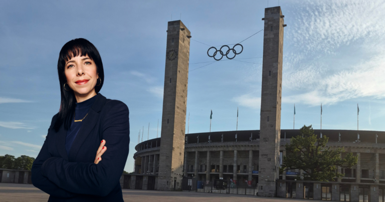 Berliner Olympia-Absage von Elif Eralp (Fotos: Olympia-Stadion: J. Wachsmuth, E. Eralp: Linke)