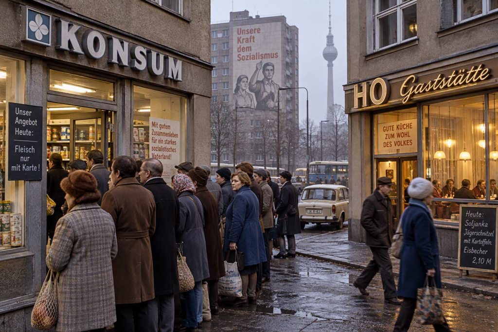 Die DDR wettbewerbsfrei aber oft mit Mangel: HO-Gaststätte und Konsum-Märkte und die Warteschlangen (KI-Art)