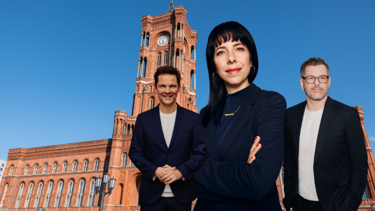 Steffen Krach (SPD) (Foto: P. Schröder), , Elif Eralp (Linke) (Foto: Linke), Werner Graf (Grüne) (Foto: Grüne Berlin), von links nach rechts, sie wollen ins Rote Rathaus (Fotomontage mit KI)
