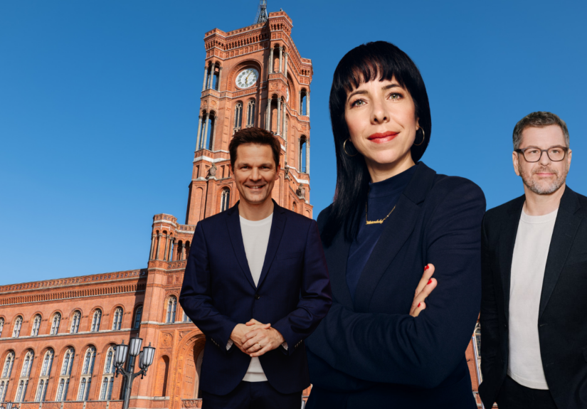 Steffen Krach (SPD) (Foto: P. Schröder), , Elif Eralp (Linke) (Foto: Linke), Werner Graf (Grüne) (Foto: Grüne Berlin), von links nach rechts, sie wollen ins Rote Rathaus (Fotomontage mit KI)