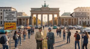 Fiktion: Brandenburger Tor mit zwei Demokratischen Deutschlands (Foto: KI)